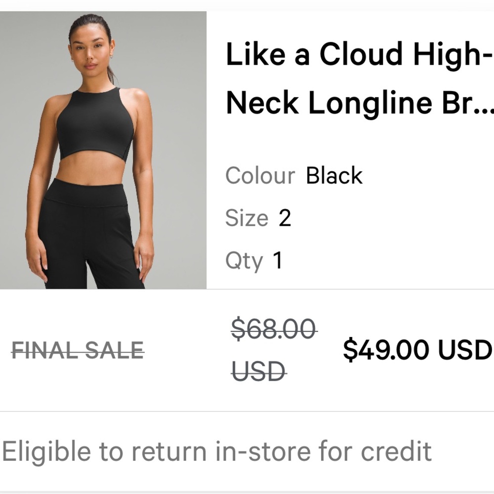 NWOT Lululemon Like A Cloud High Neck Longline Bra Size 2 in Black NWOT